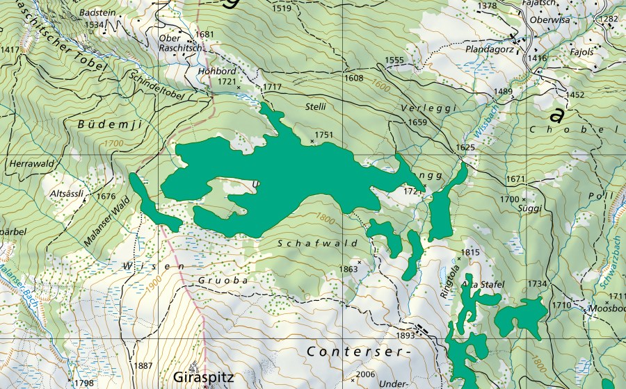 Carte nationale swisstopo avec le périmètre protégé de Uf den Riederen (Bas-marais)