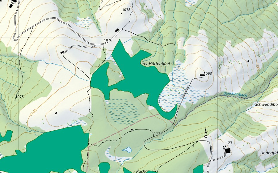Carte nationale swisstopo avec le périmètre protégé de Unter Hüttenbüel (Bas-marais)