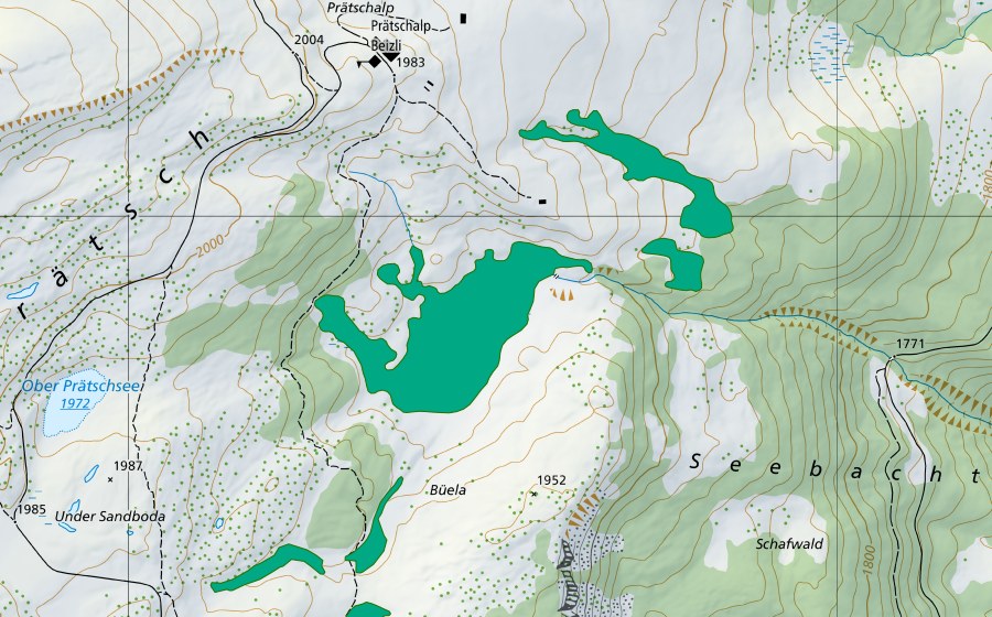 Carte nationale swisstopo avec le périmètre protégé de Unter Prätschsee (Bas-marais)