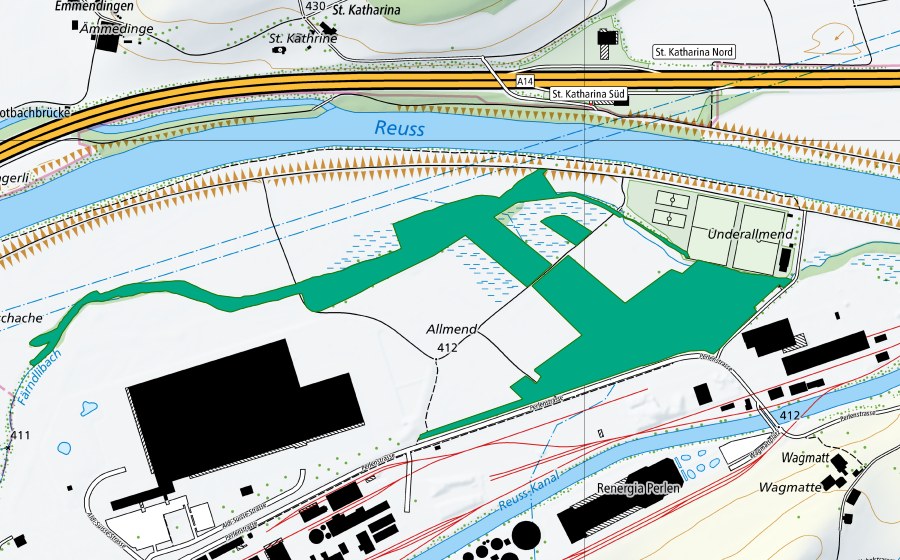 Carte nationale swisstopo avec le périmètre protégé de Unterallmend Perlen (Bas-marais)