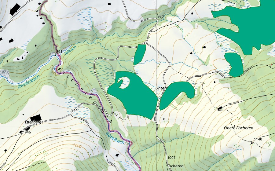 Landeskarte swisstopo mit dem Schutzperimeter von Untere Fischeren (Flachmoor)
