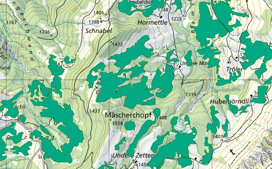 Carta nazionale swisstopo con il perimetro protetto di Untere und Obere Mäscher (Torbiera bassa)