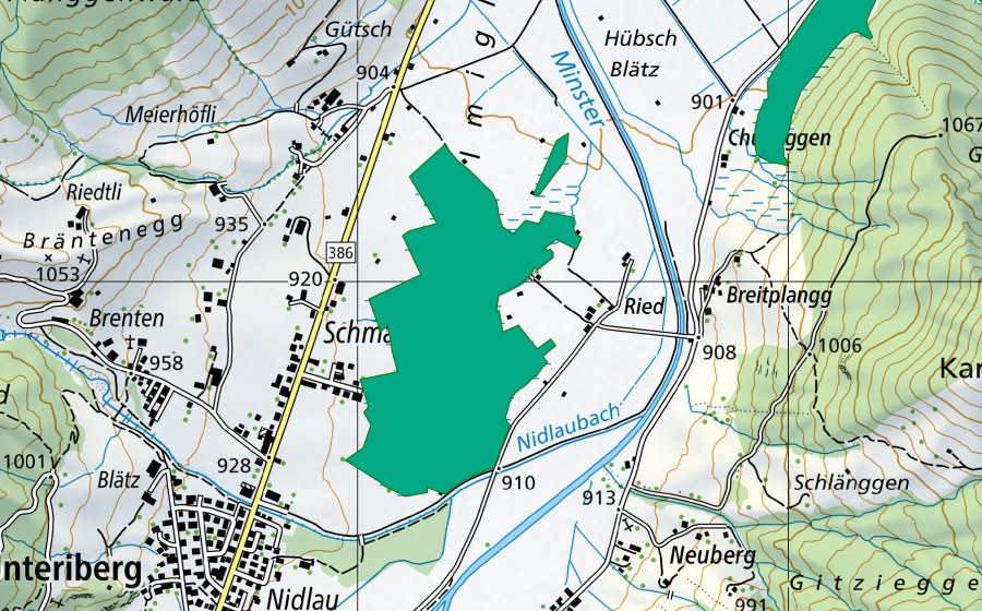swisstopo national map showing the protected perimeter of Unteriberg/Ried (Fen)