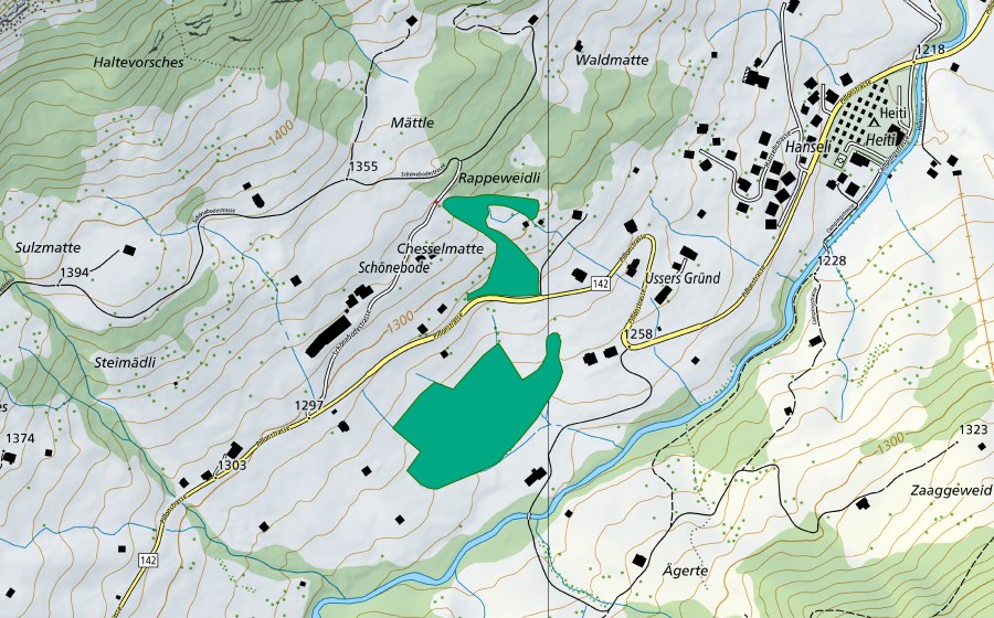 swisstopo national map showing the protected perimeter of Ussers Gründ (Fen)