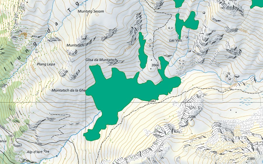 Carte nationale swisstopo avec le périmètre protégé de Val da Natons (Bas-marais)