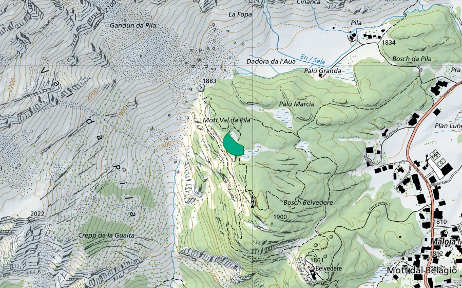 Landeskarte swisstopo mit dem Schutzperimeter von Val da Pila (Flachmoor)
