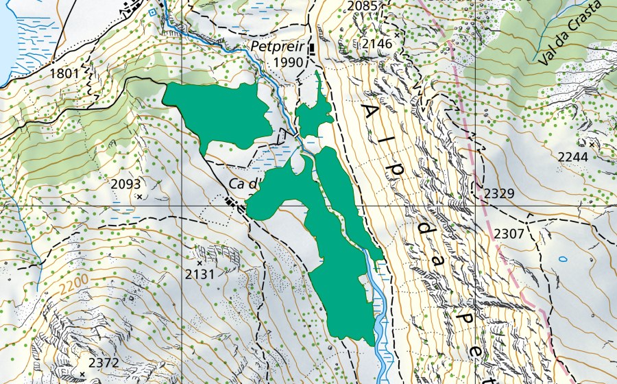 swisstopo national map showing the protected perimeter of Val Fedoz (Fen)
