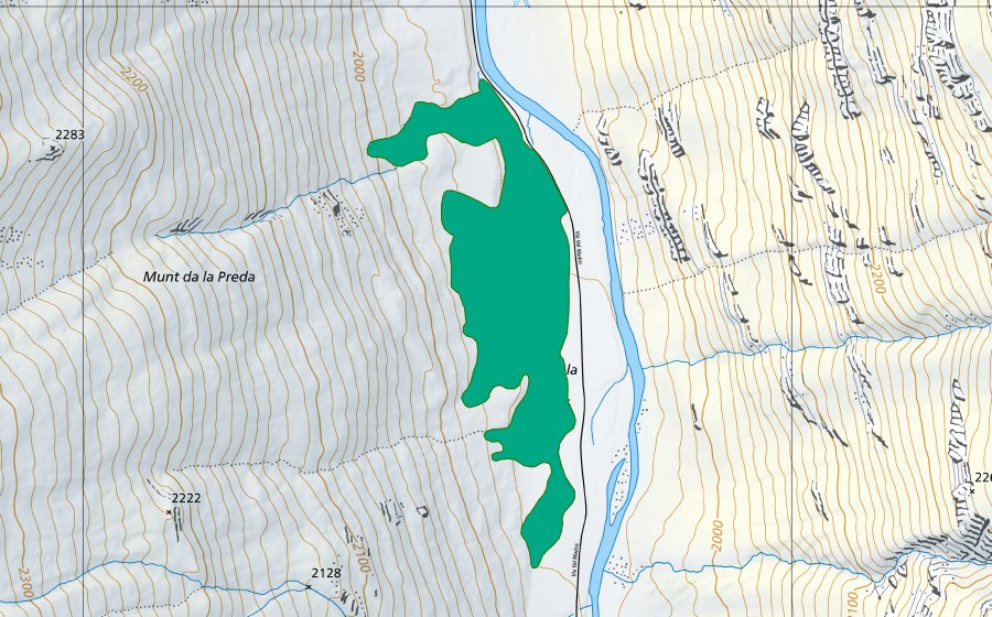 swisstopo national map showing the protected perimeter of Val Madris, Preda (Fen)
