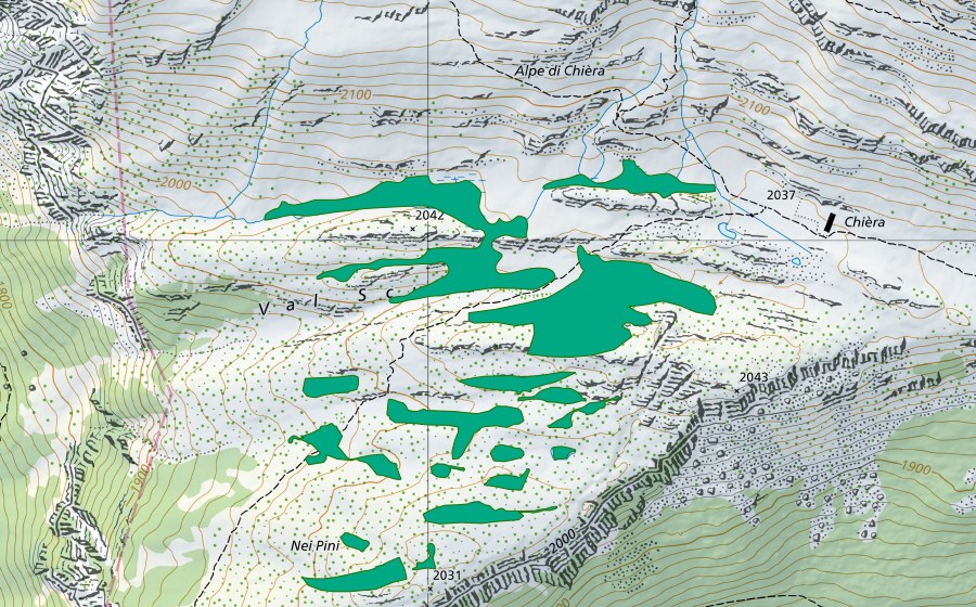 Landeskarte swisstopo mit dem Schutzperimeter von Val Scura (Alpe di Chièra) (Flachmoor)