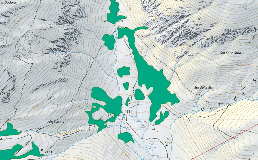 Carte nationale swisstopo avec le périmètre protégé de Val Val (Bas-marais)
