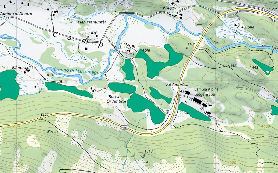 swisstopo national map showing the protected perimeter of Vall'Ambròsa Ovest (Fen)