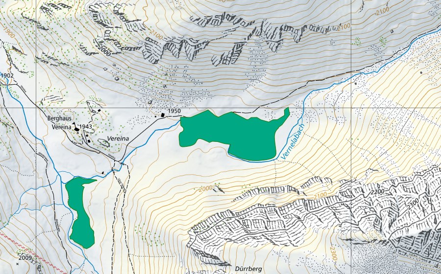 swisstopo national map showing the protected perimeter of Vereina (Fen)
