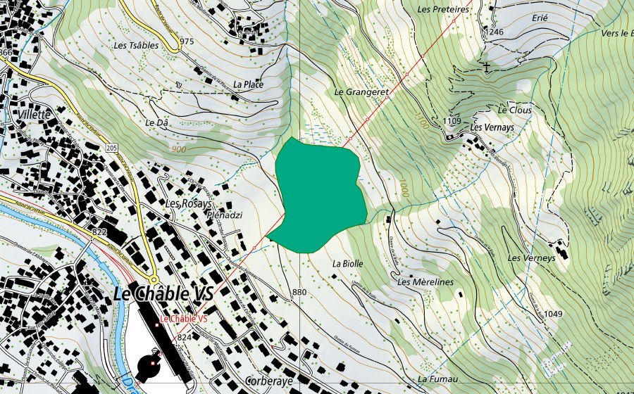 swisstopo national map showing the protected perimeter of Villette (Fen)