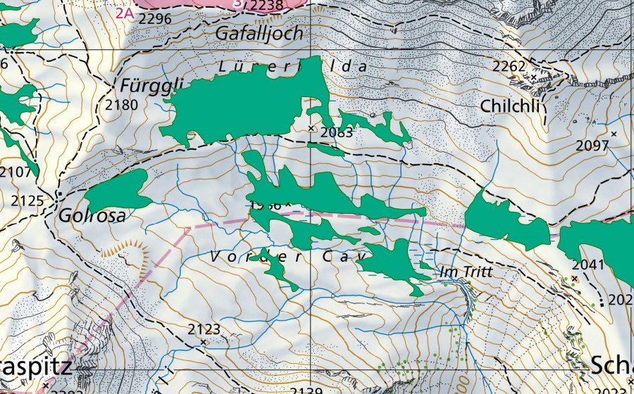 Carte nationale swisstopo avec le périmètre protégé de Vorder Cavell (Bas-marais)