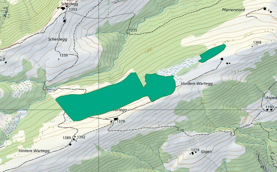 Carte nationale swisstopo avec le périmètre protégé de Vordere Wartegg (Bas-marais)