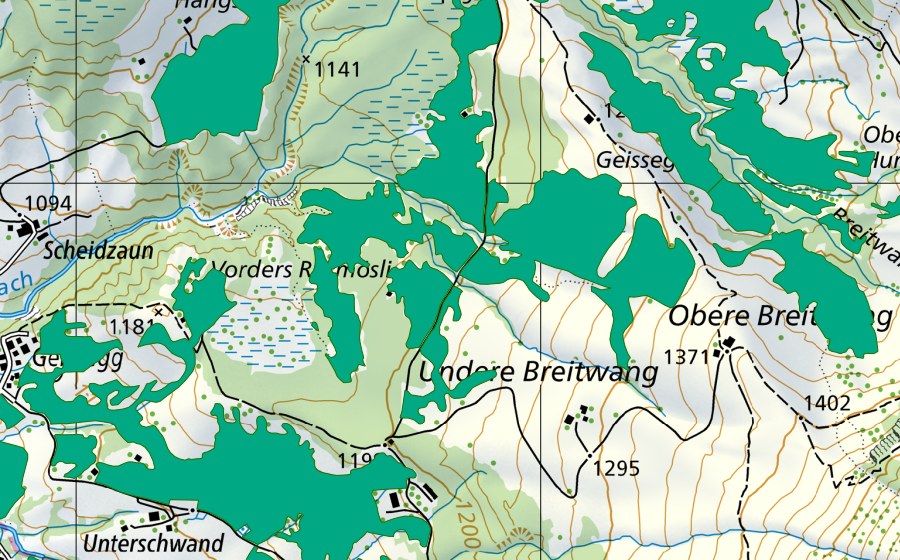 Carte nationale swisstopo avec le périmètre protégé de Vorderes Rotmösli (Bas-marais)