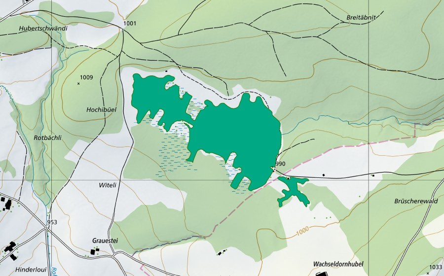 Carte nationale swisstopo avec le périmètre protégé de Wachseldornmoos (Bas-marais)