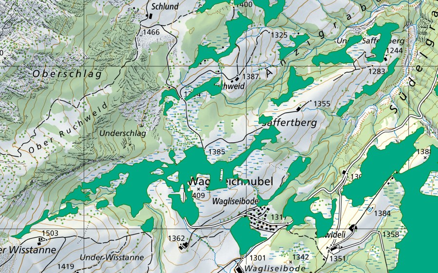 swisstopo national map showing the protected perimeter of Wagliseichnubel (Fen)