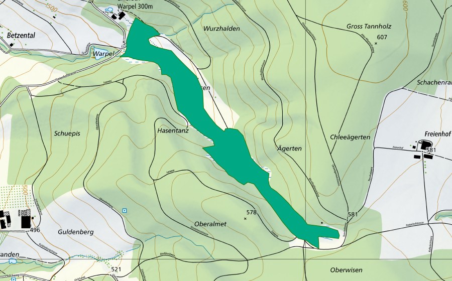 swisstopo national map showing the protected perimeter of Warpeltal (Fen)