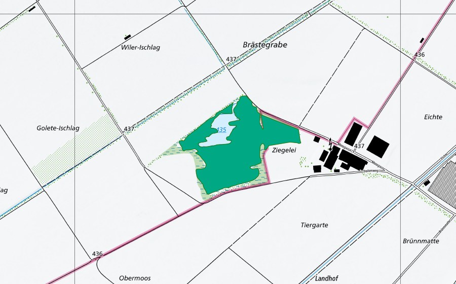 swisstopo national map showing the protected perimeter of Wilermoos/Fräschelsweiher (Fen)