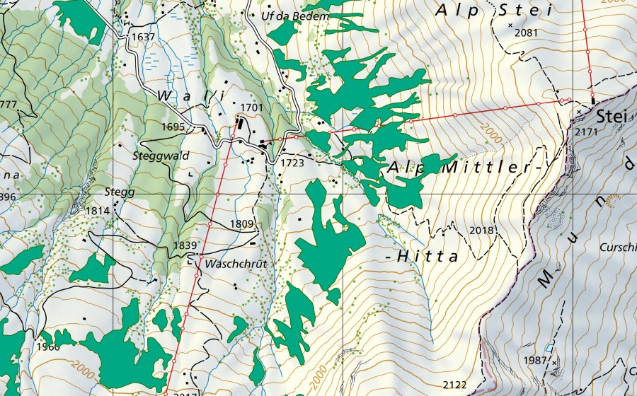 Landeskarte swisstopo mit dem Schutzperimeter von Wuost (Flachmoor)
