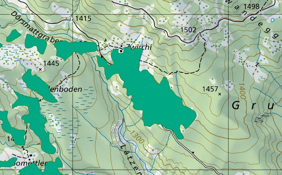 Carte nationale swisstopo avec le périmètre protégé de Zwirchi (Bas-marais)