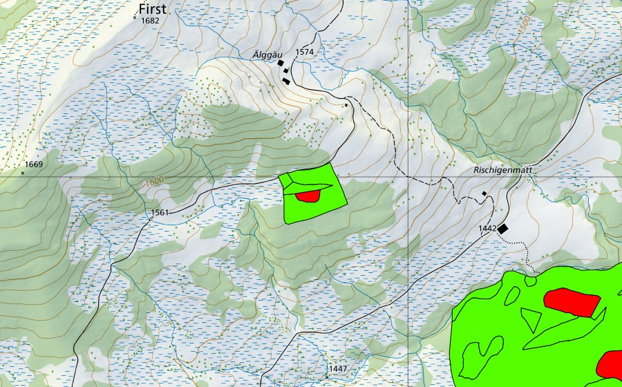 Carte nationale swisstopo avec le périmètre protégé de Aelggäu (Haut-marais)