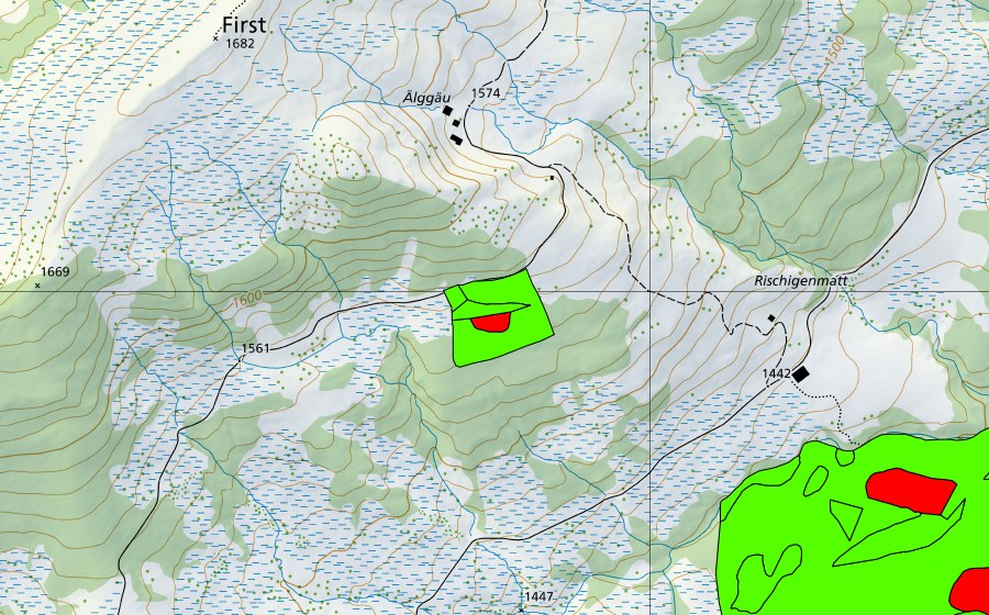 Carta nazionale swisstopo con il perimetro protetto di Aelggäu (Torbiera alta)