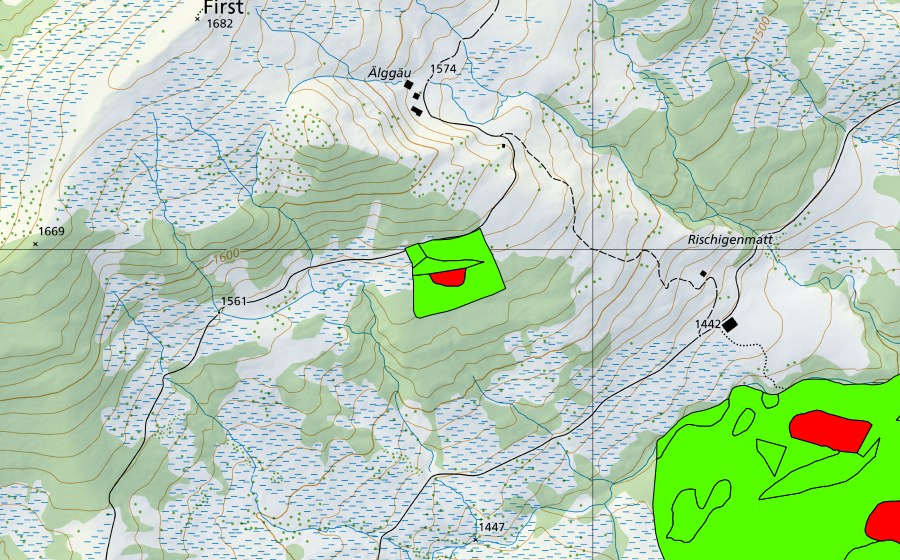 Carte nationale swisstopo avec le périmètre protégé de Aelggäu (Haut-marais)