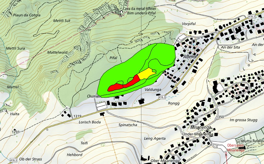 swisstopo national map showing the protected perimeter of Affeier/Pifal (Raised bog)