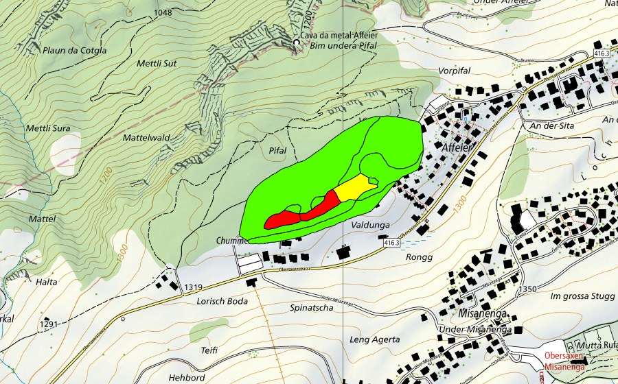 swisstopo national map showing the protected perimeter of Affeier/Pifal (Raised bog)