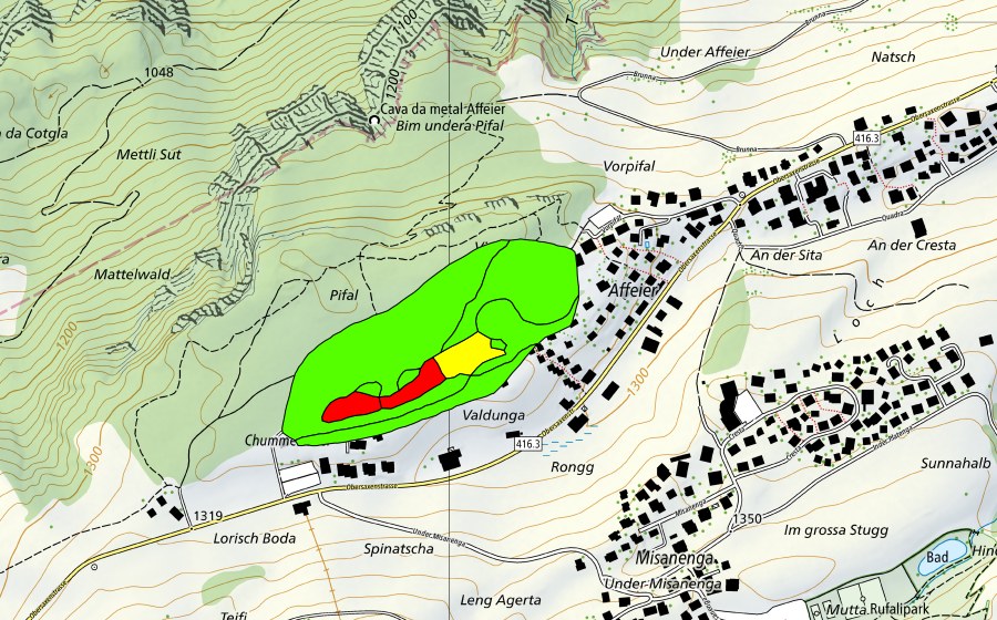 Carte nationale swisstopo avec le périmètre protégé de Affeier/Pifal (Haut-marais)