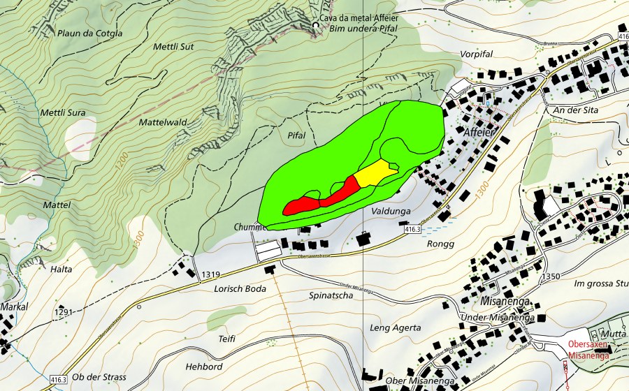 Carte nationale swisstopo avec le périmètre protégé de Affeier/Pifal (Haut-marais)