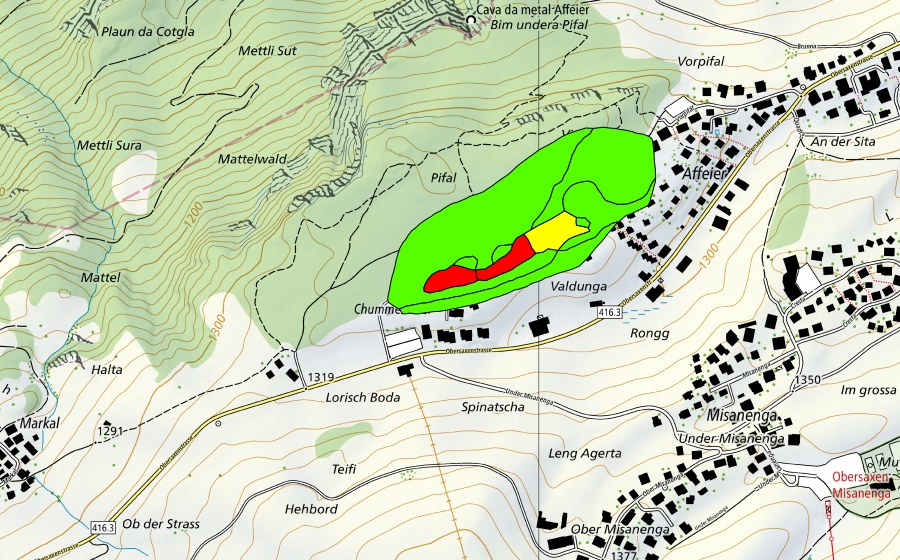 Carte nationale swisstopo avec le périmètre protégé de Affeier/Pifal (Haut-marais)