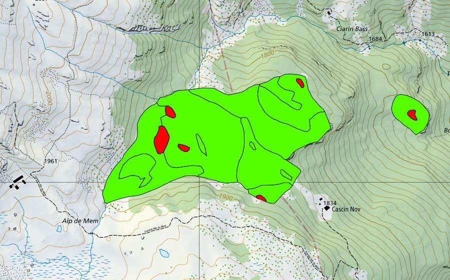 swisstopo national map showing the protected perimeter of Alp de Mem-Bosch Mosghé (Raised bog)