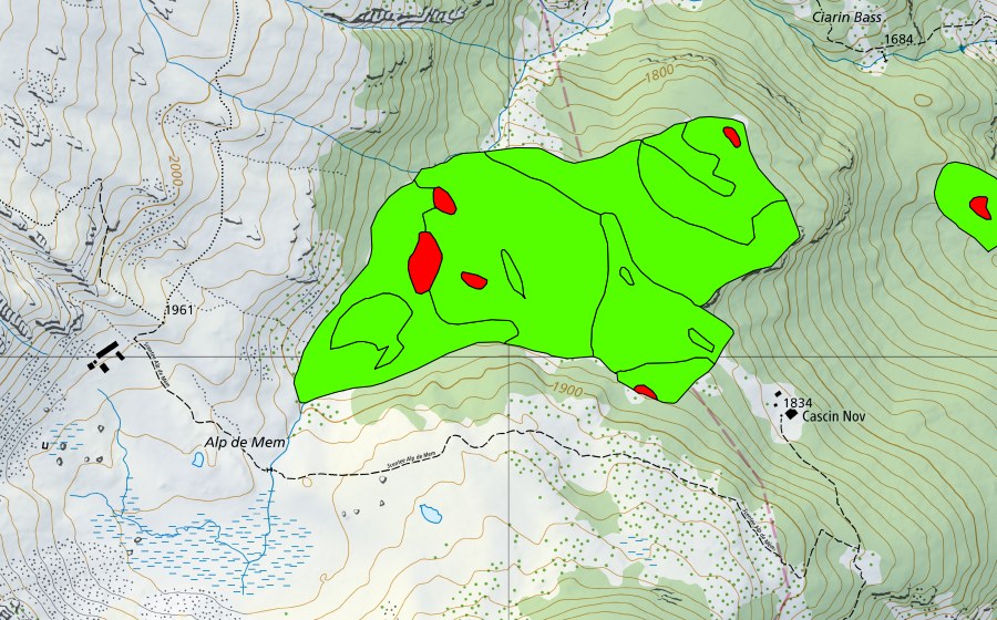 swisstopo national map showing the protected perimeter of Alp de Mem-Bosch Mosghé (Raised bog)