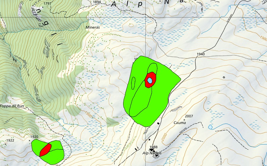Carte nationale swisstopo avec le périmètre protégé de Alp Nadels (Haut-marais)