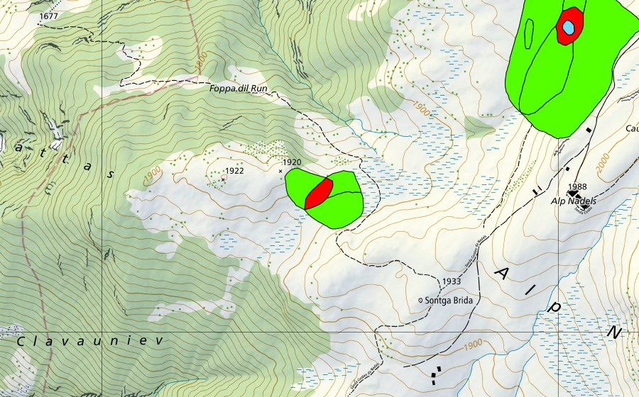 Landeskarte swisstopo mit dem Schutzperimeter von Alp Nadels (Hochmoor)
