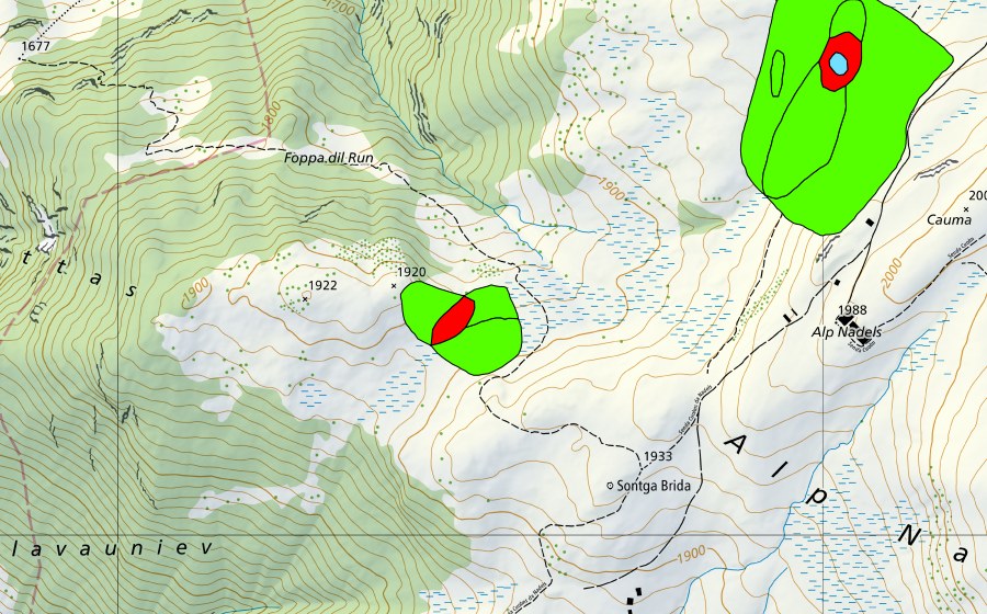 Landeskarte swisstopo mit dem Schutzperimeter von Alp Nadels (Hochmoor)