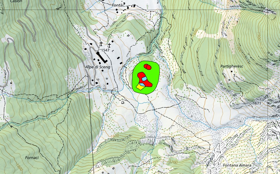 Landeskarte swisstopo mit dem Schutzperimeter von Alpe di Sceng (Hochmoor)