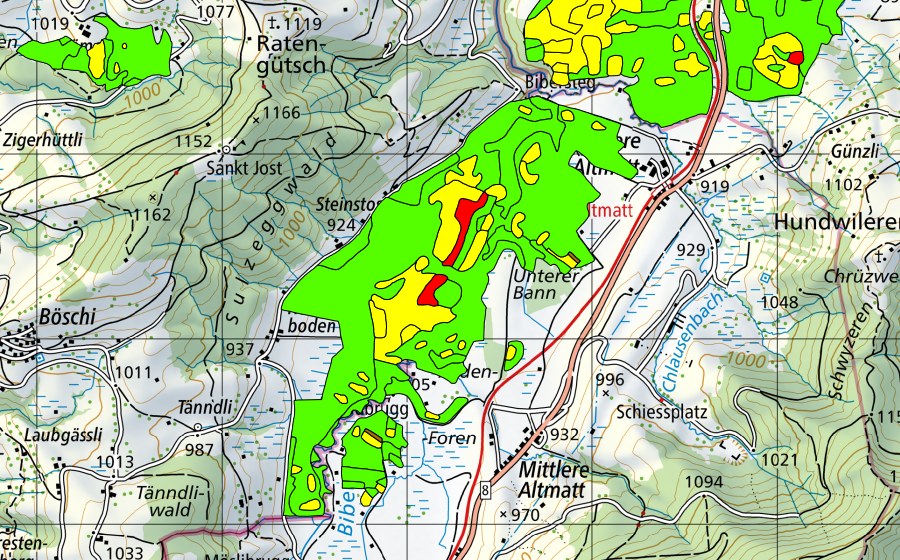 Carte nationale swisstopo avec le périmètre protégé de Altmatt-Biberbrugg (Haut-marais)