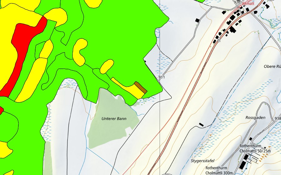 Carte nationale swisstopo avec le périmètre protégé de Altmatt-Biberbrugg (Haut-marais)