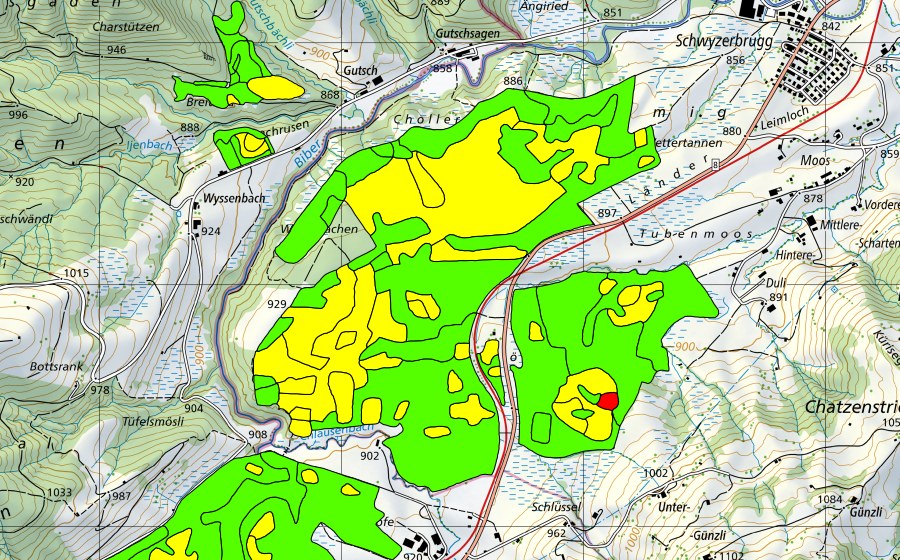 swisstopo national map showing the protected perimeter of Altmatt-Biberbrugg (Raised bog)