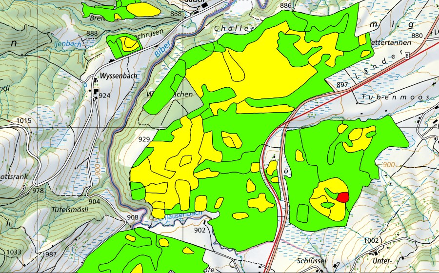 Carte nationale swisstopo avec le périmètre protégé de Altmatt-Biberbrugg (Haut-marais)