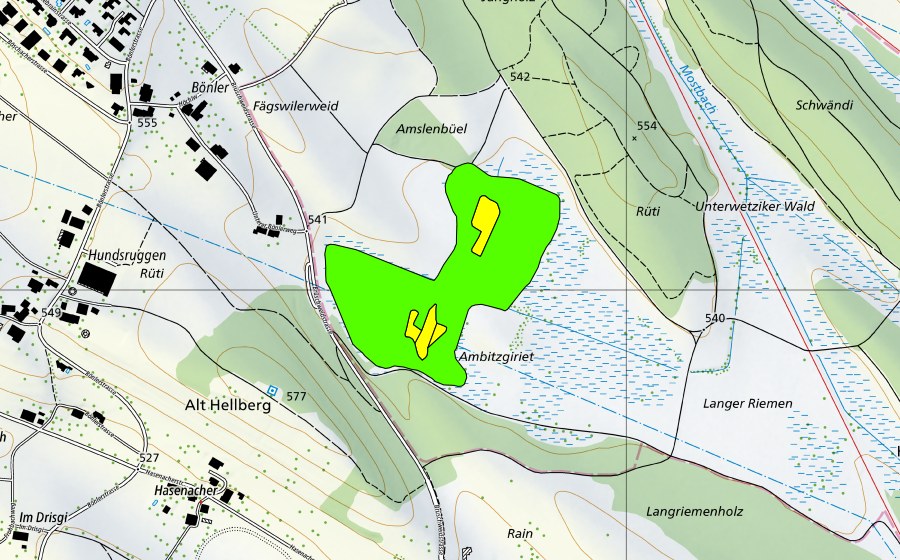 Landeskarte swisstopo mit dem Schutzperimeter von Ambitzgi/Böhnlerriet (Hochmoor)