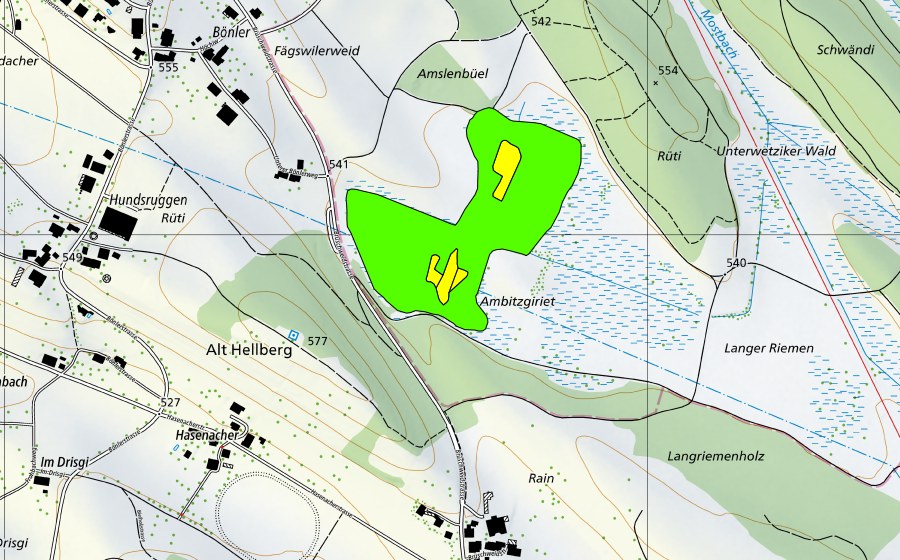 swisstopo national map showing the protected perimeter of Ambitzgi/Böhnlerriet (Raised bog)