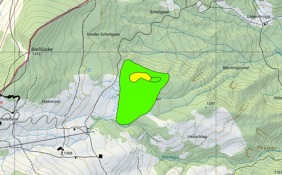 Landeskarte swisstopo mit dem Schutzperimeter von Arven unter Fräkmünt (Hochmoor)
