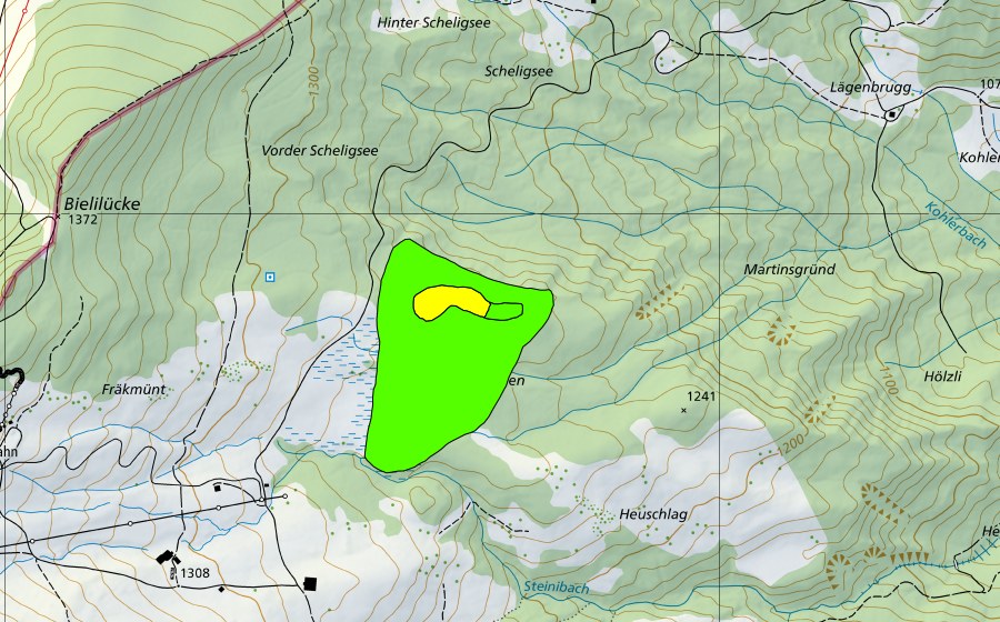 Carte nationale swisstopo avec le périmètre protégé de Arven unter Fräkmünt (Haut-marais)
