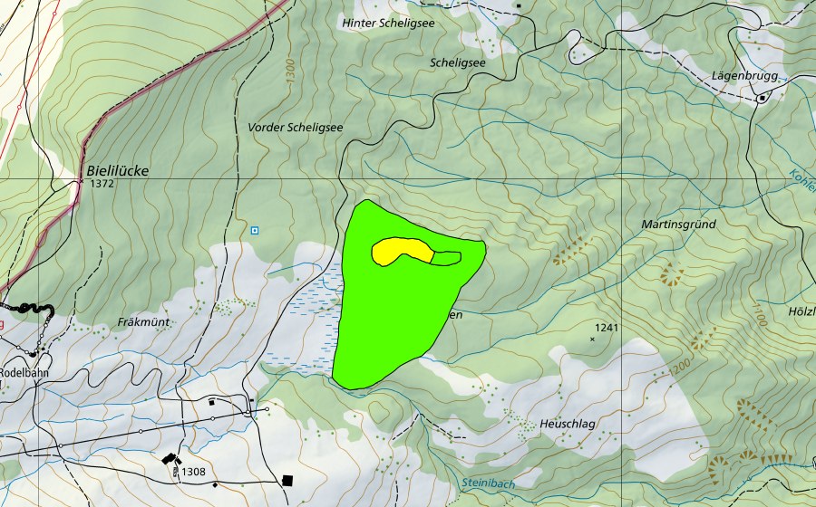 Landeskarte swisstopo mit dem Schutzperimeter von Arven unter Fräkmünt (Hochmoor)