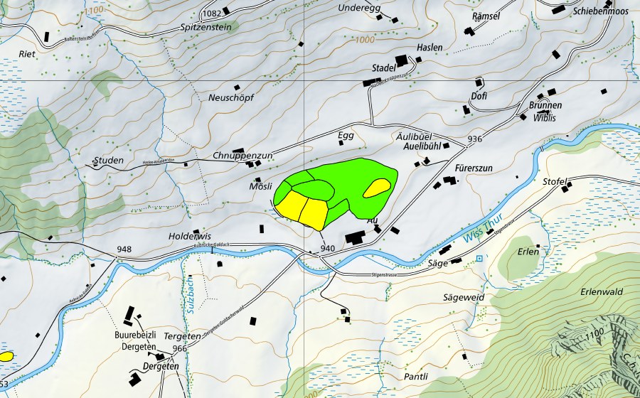 swisstopo national map showing the protected perimeter of Au/Hinterlaad (Raised bog)